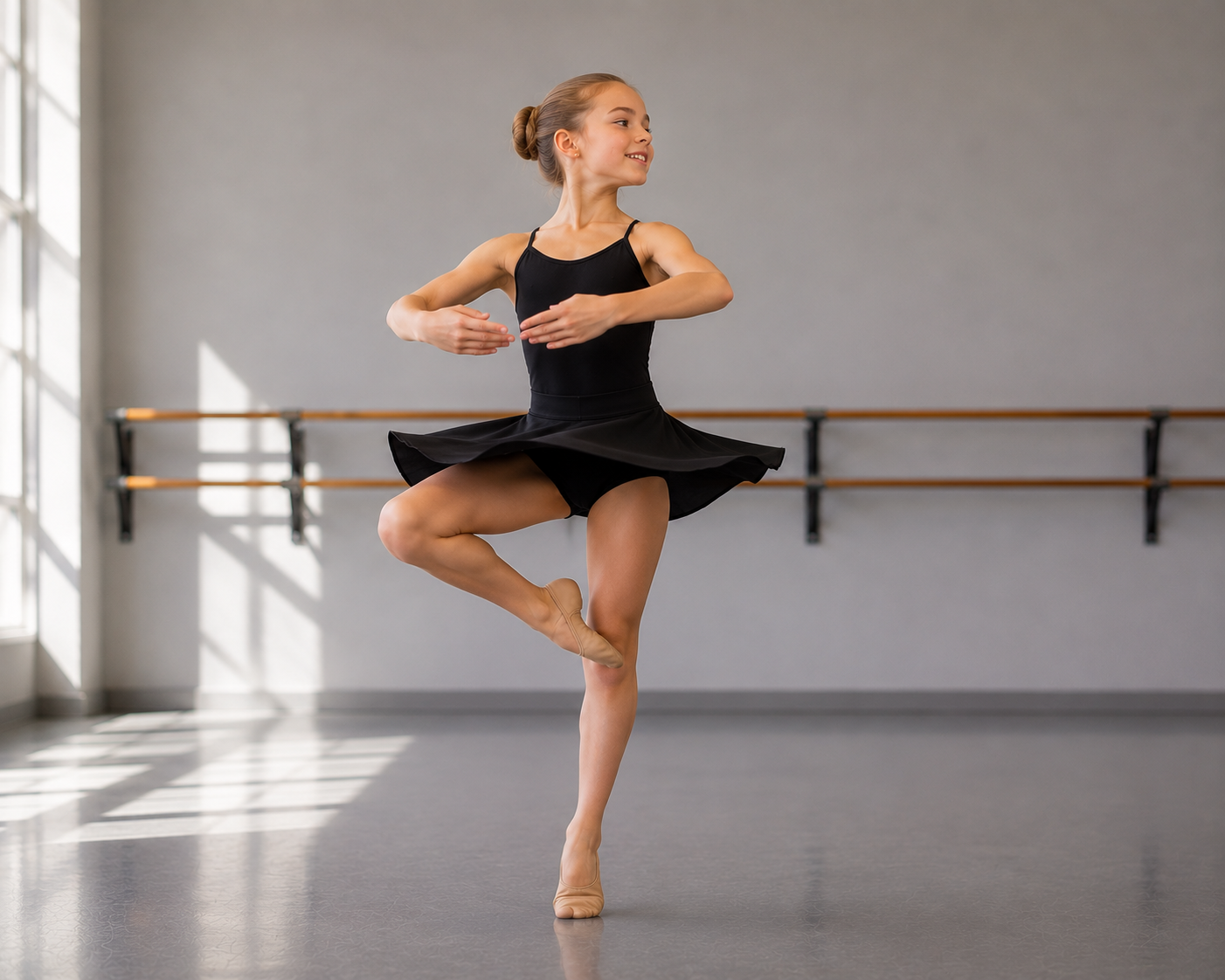 Dancer executing a pirouette in a Turns and Leaps class at Diamond Dance Complex